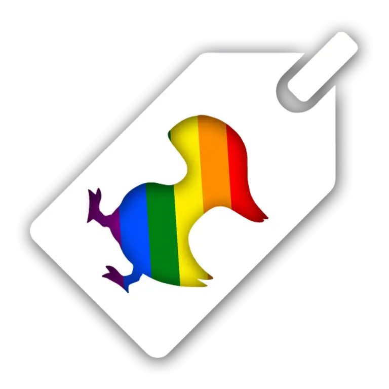 An icon of a simple white tag with a chocobo chick silhouette cut out, filled with a rainbow
