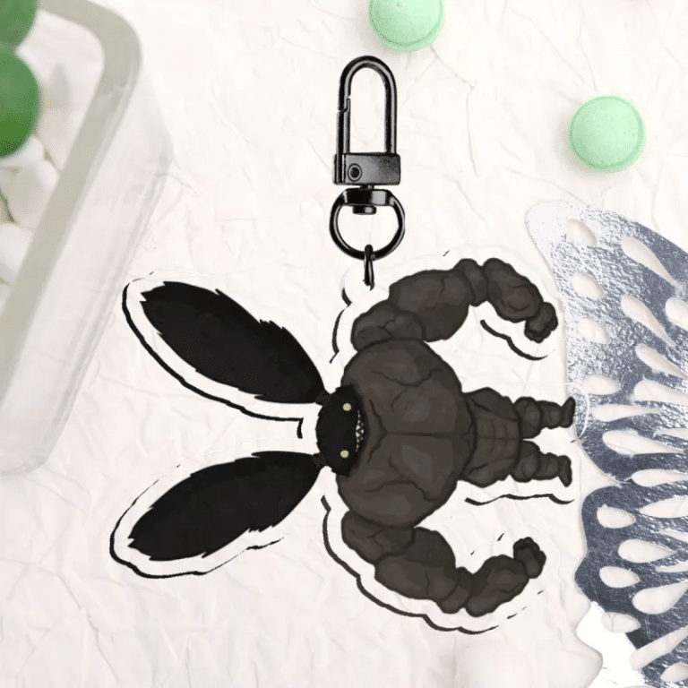 Acrylic keychain of Biggy the spriggan piloting a buff rock golem.