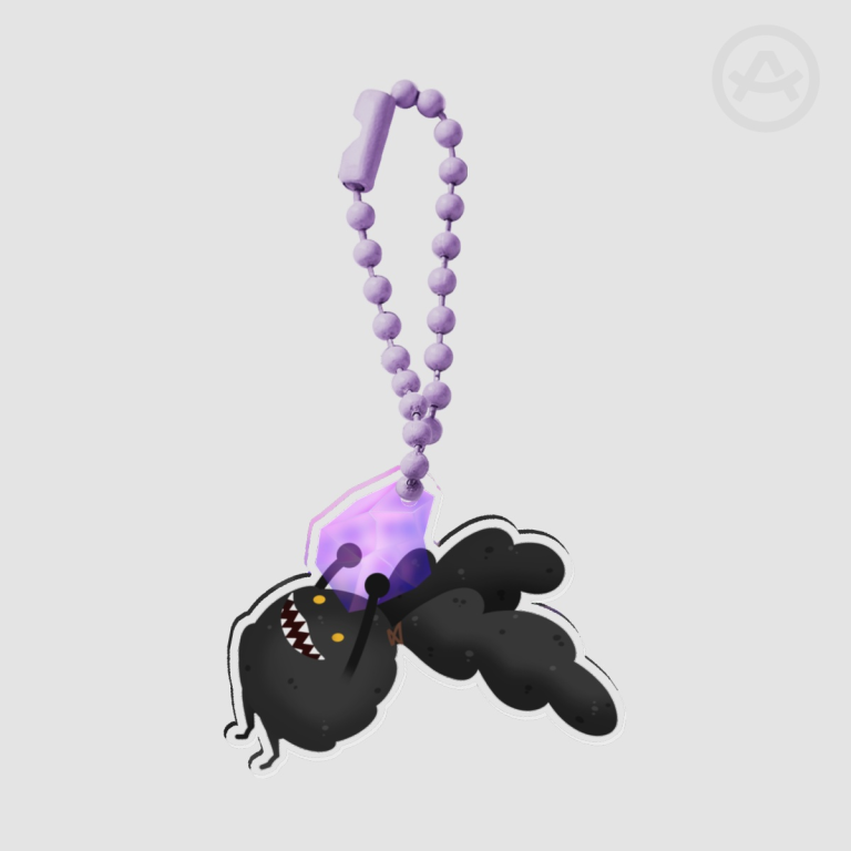 Acrylic keychain of a spriggan holding onto a purple rock